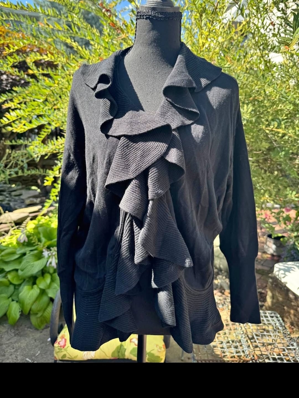 Women's Black Ruffle-Front Cardigan Sweater